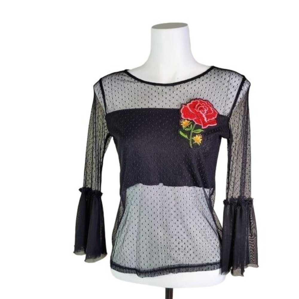 Disney Parks COCO Sheer Lace Bell Sleeve Black Crop Embroidered Top Size S